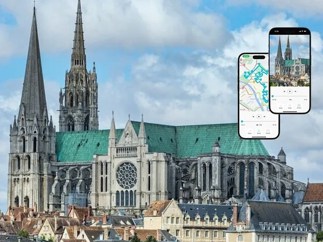 Vue de la ligne d'horizon de la cathédrale de Chartres avec incrustations d'application mobile