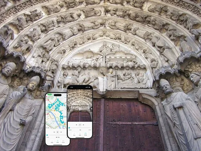 Cathedral entrance with mobile app mockups overlaid